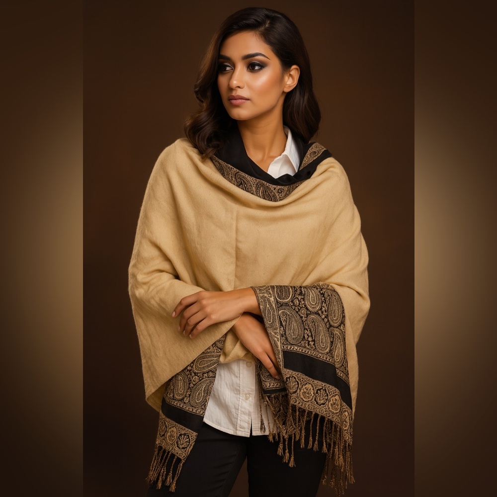 Large Gold and Black Cashmere Shawl Evening Luxury Wrap Boho Chic Layering Scarf